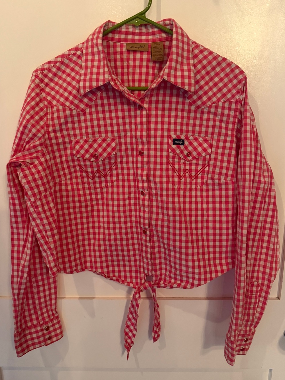 Wrangler Pink Gingham Button-Front Tie Hem Shirt Pink Pearl Snap L Western